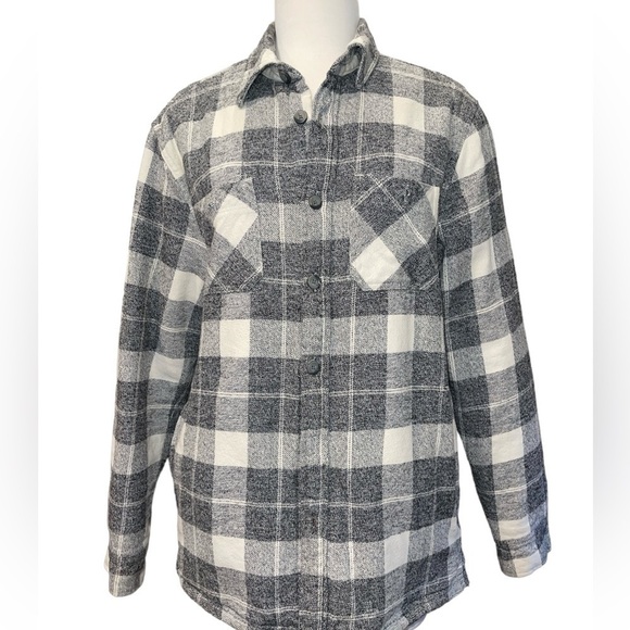 Original Weatherproof Vintage Shacket M Gray White Plaid Button Up Sherpa Lined - Picture 1 of 13